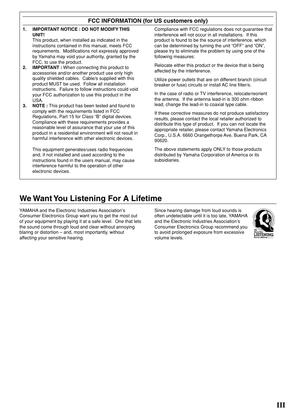 We want you listening for a lifetime | Yamaha YST-SW305 User Manual | Page 3 / 19