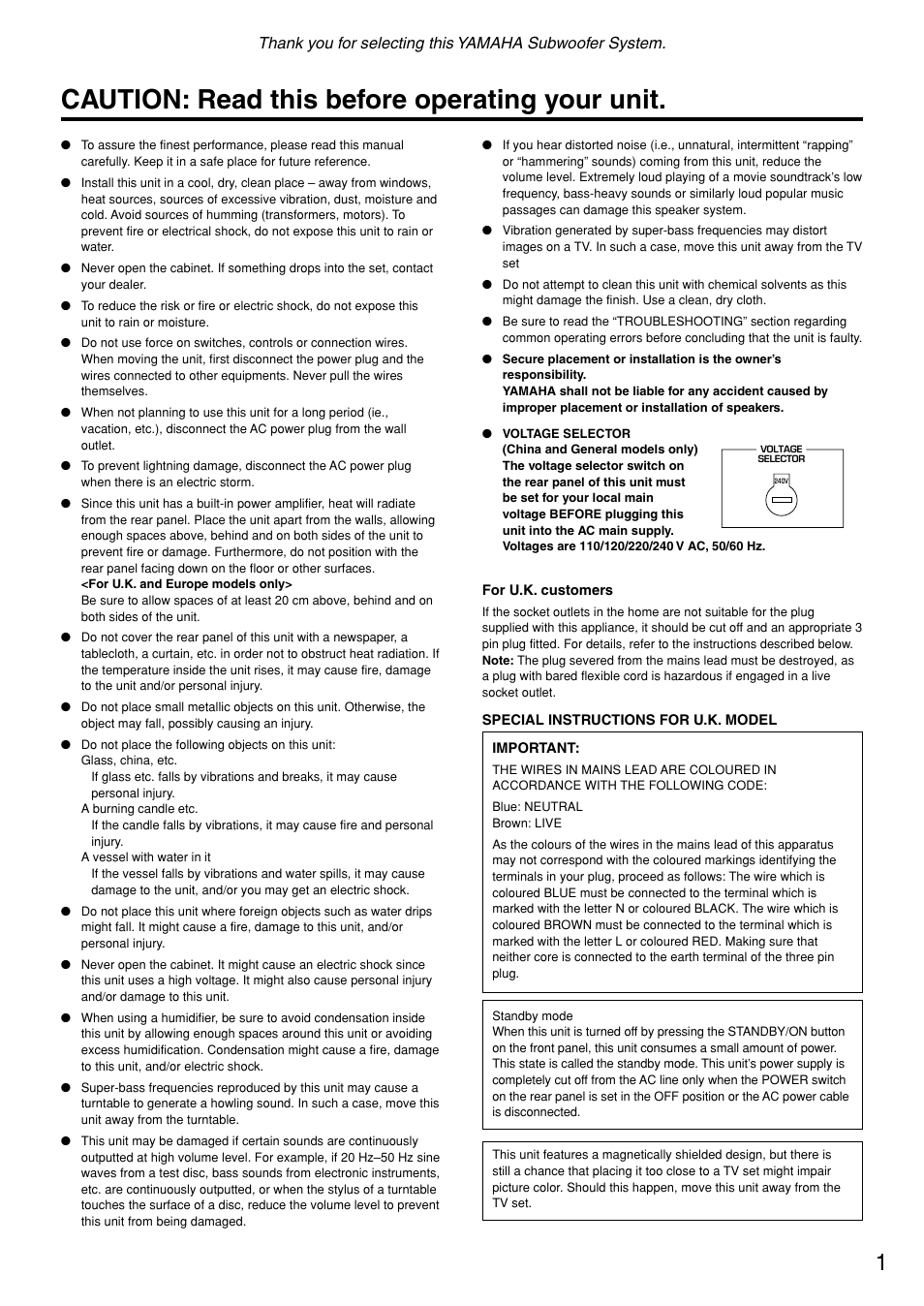 Caution, Caution: read this before operating your unit | Yamaha YST-SW305 User Manual | Page 5 / 19