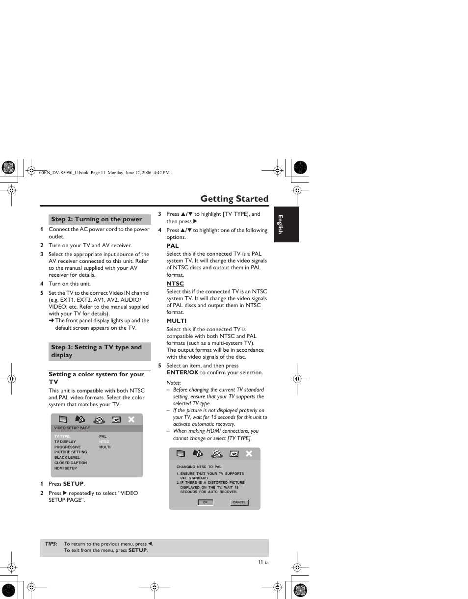 Step 2: turning on the power, Step 3: setting a tv type and display, Getting started | Yamaha DV-S5950 User Manual | Page 15 / 47