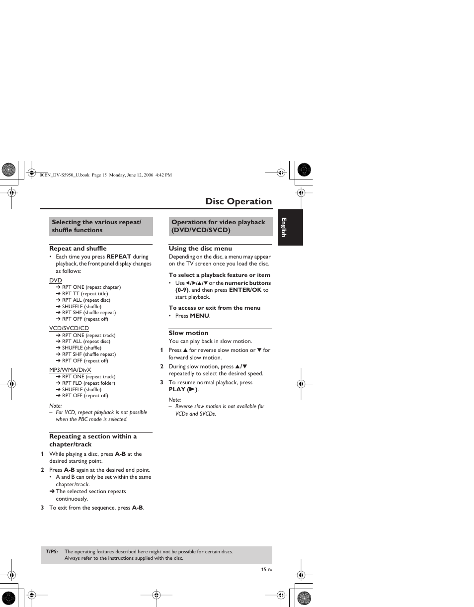Selecting the various repeat/shuffle functions, Repeat and shuffle, Repeating a section within a chapter/track | Operations for video playback (dvd/vcd/svcd), Using the disc menu, Slow motion, Disc operation | Yamaha DV-S5950 User Manual | Page 19 / 47