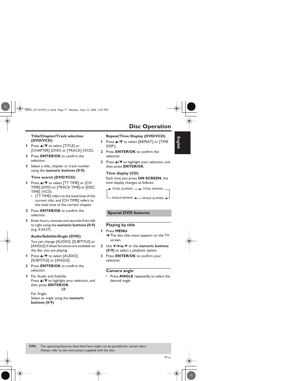 Special dvd features, Playing by title, Camera angle | Disc operation | Yamaha DV-S5950 User Manual | Page 21 / 47