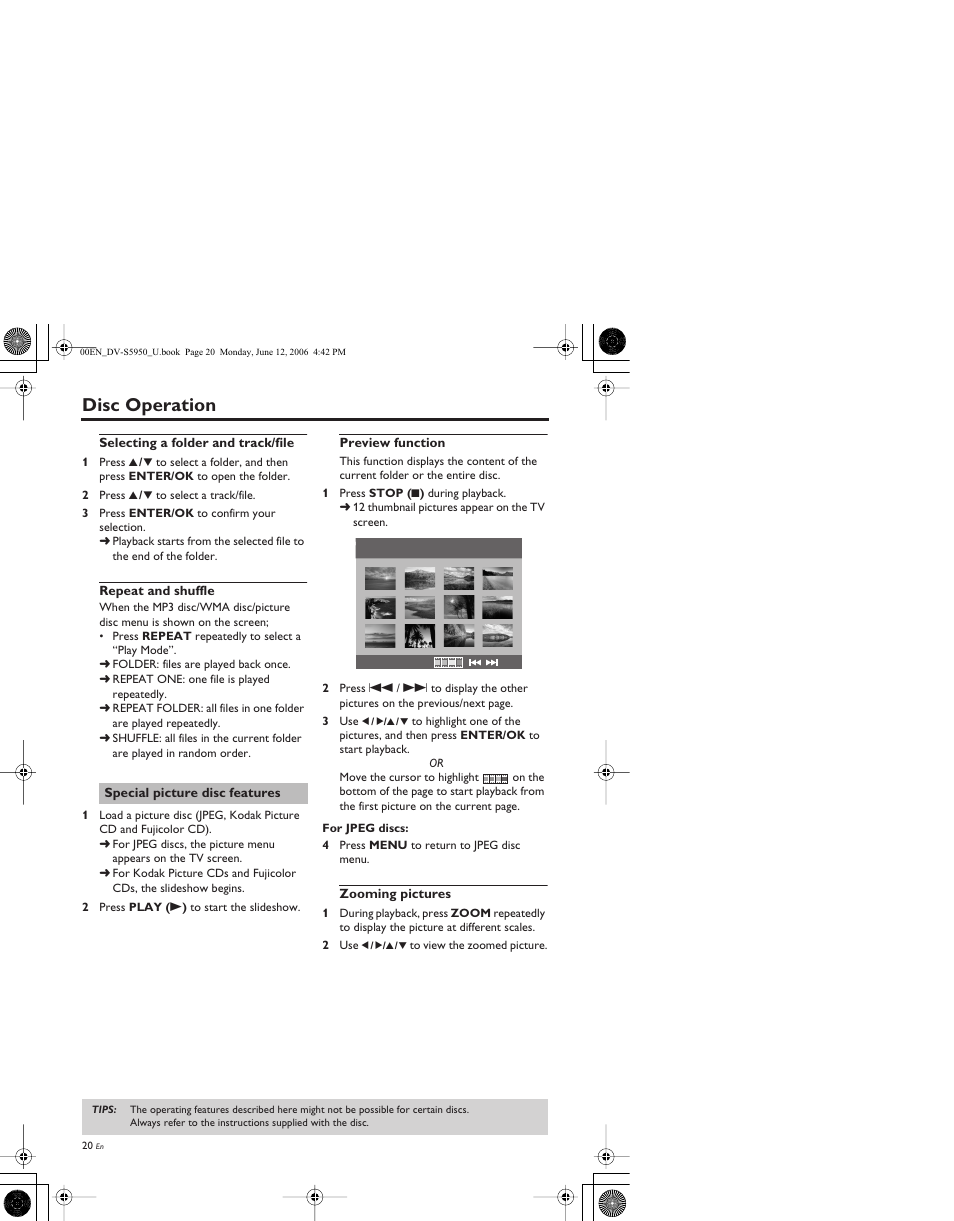 Selecting a folder and track/file, Repeat and shuffle, Special picture disc features | Preview function, Zooming pictures, Disc operation | Yamaha DV-S5950 User Manual | Page 24 / 47