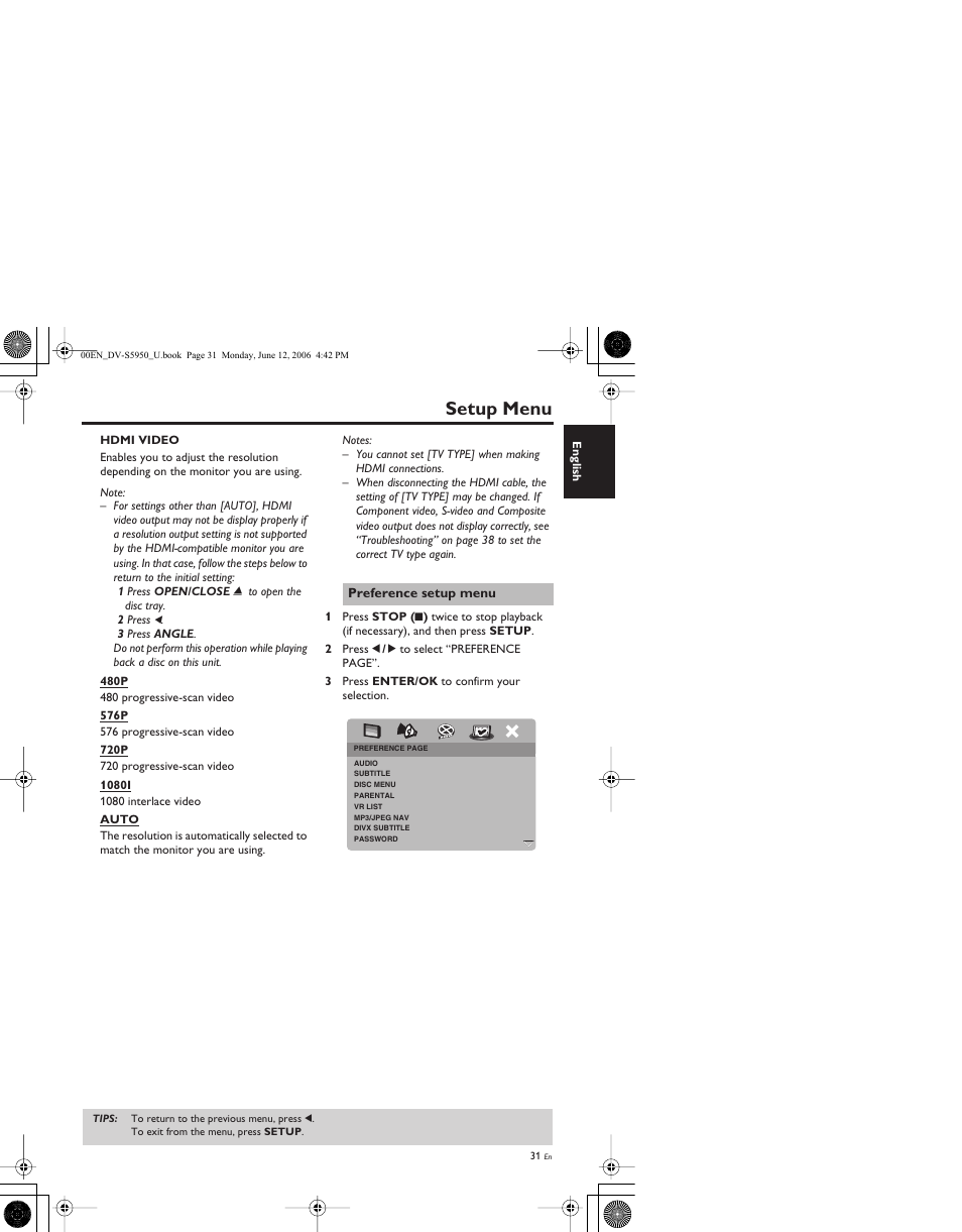 Preference setup menu, Setup menu | Yamaha DV-S5950 User Manual | Page 35 / 47
