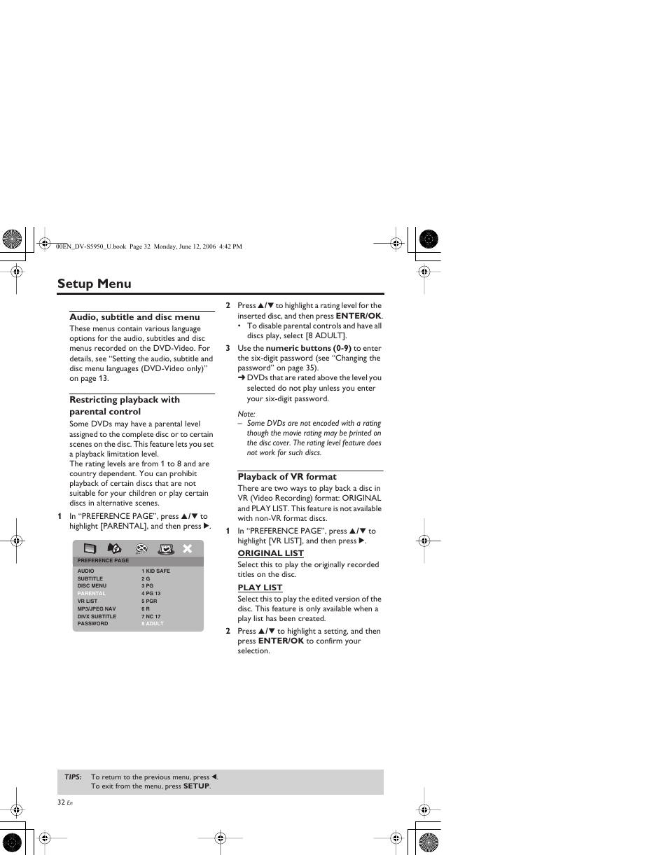 Audio, subtitle and disc menu, Restricting playback with parental control, Playback of vr format | Setup menu | Yamaha DV-S5950 User Manual | Page 36 / 47