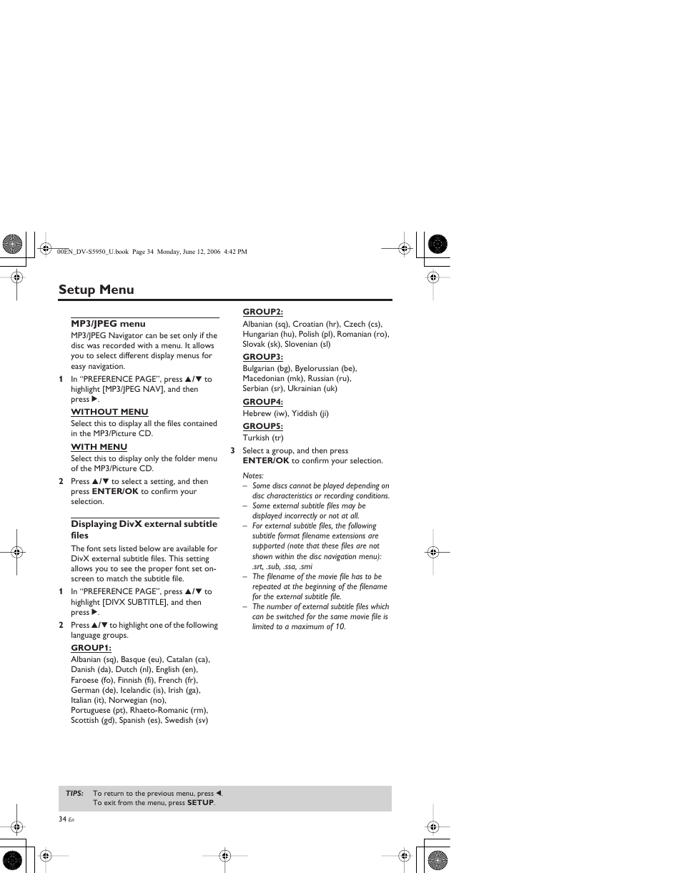 Mp3/jpeg menu, Displaying divx external subtitle files, Setup menu | Yamaha DV-S5950 User Manual | Page 38 / 47