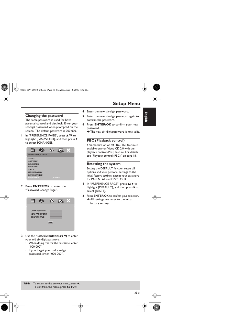 Changing the password, Pbc (playback control), Resetting the system | Setup menu | Yamaha DV-S5950 User Manual | Page 39 / 47