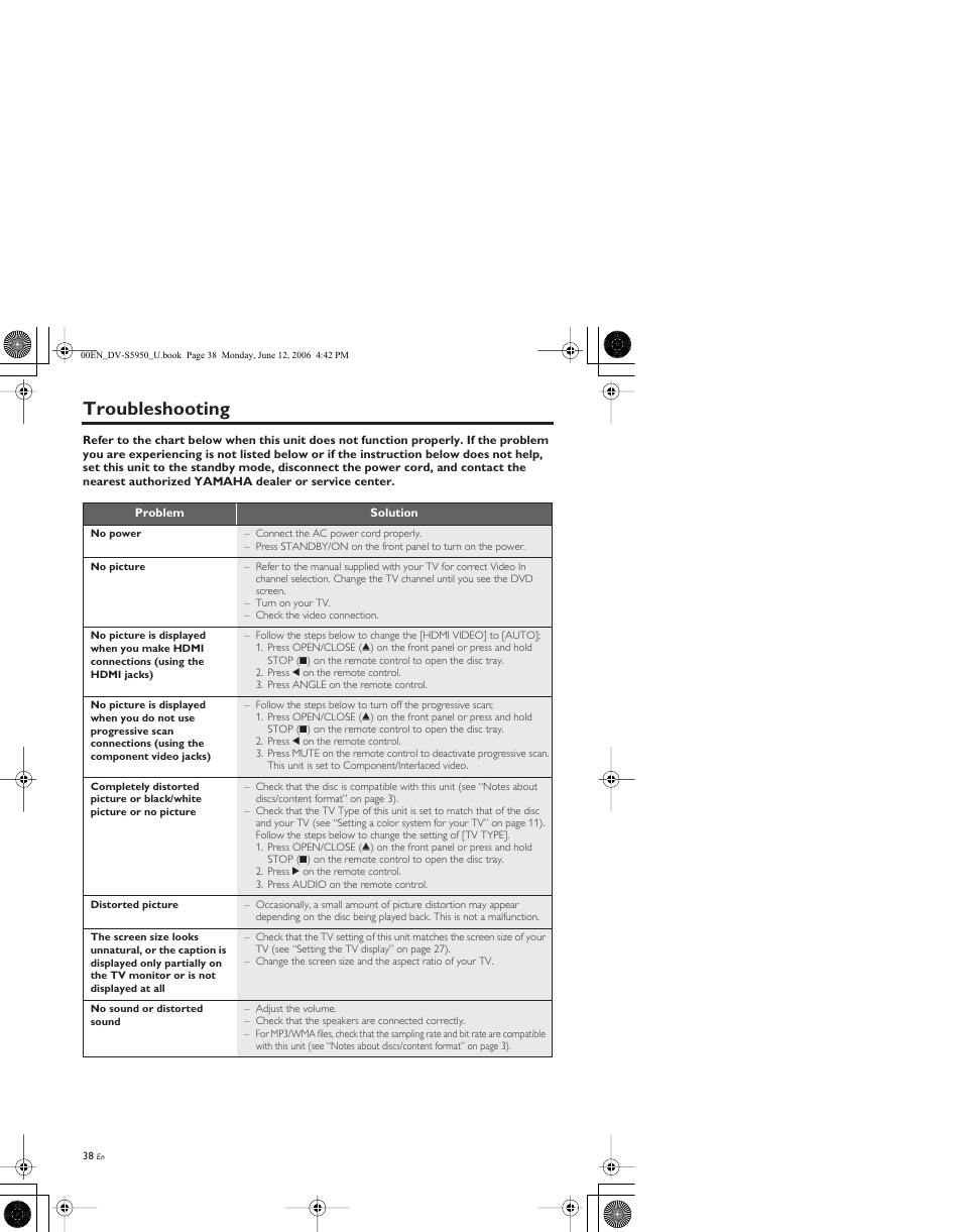 Troubleshooting | Yamaha DV-S5950 User Manual | Page 42 / 47
