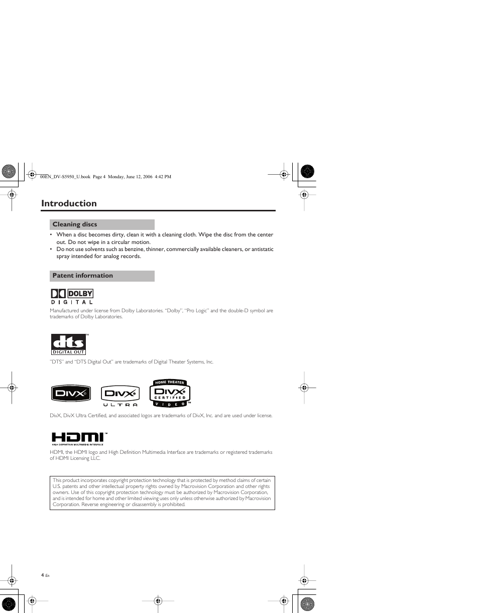 Cleaning discs, Patent information, Introduction | Yamaha DV-S5950 User Manual | Page 8 / 47