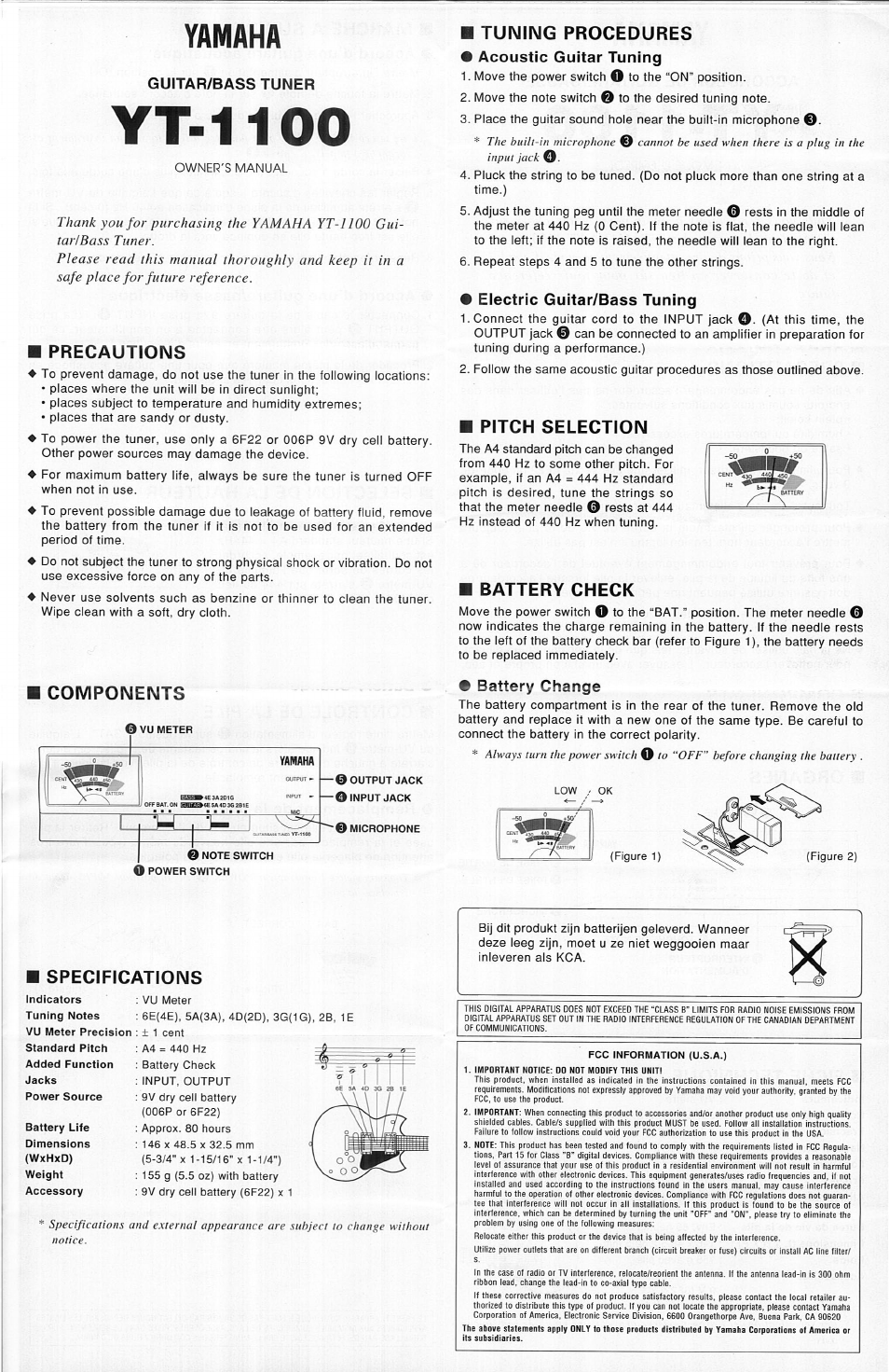 Yamaha, Guitar/bass tuner, Precautions | Components, Tuning procedures, Acoustic guitar tuning, Electric guitar/bass tuning, Pitch selection, Battery check, Battery change | Yamaha YT-1100 User Manual | Page 2 / 4