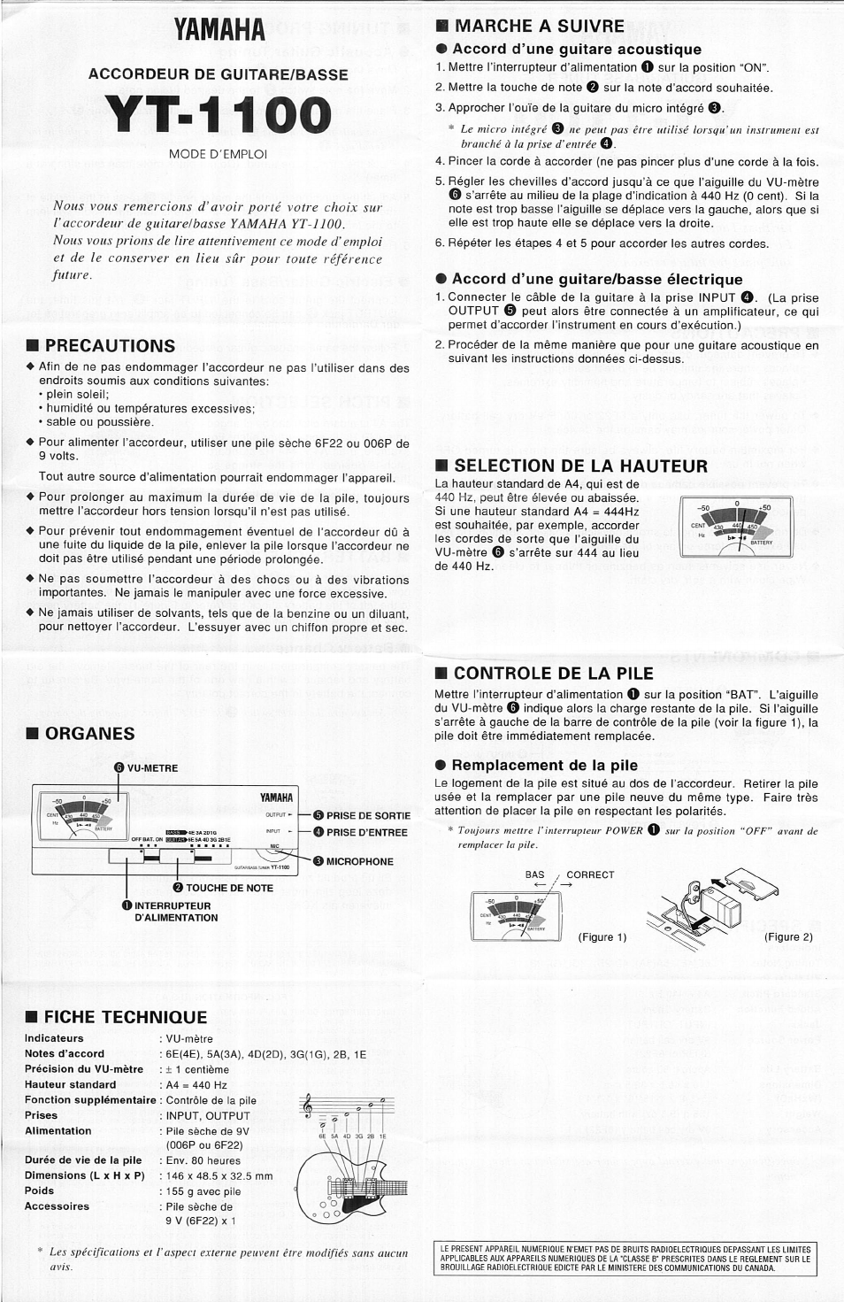 Yamaha, Accordeur de guitare/basse, M precautions | Marche a suivre, Accord d’une guitare acoustique, Accord d’une guitare/basse électrique, Selection de la hauteur, Organes, Controle de la pile, Remplacement de la pile | Yamaha YT-1100 User Manual | Page 3 / 4