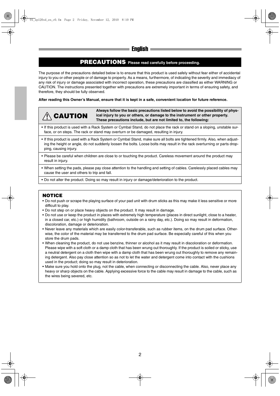Precautions, English, Caution | Yamaha DTX XP120SD User Manual | Page 2 / 9