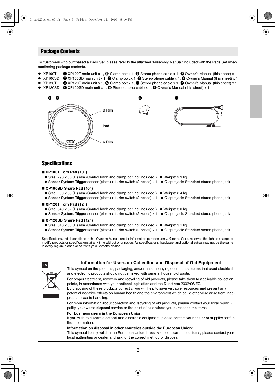 Package contents, Specifications, Package contents specifications | Yamaha DTX XP120SD User Manual | Page 3 / 9