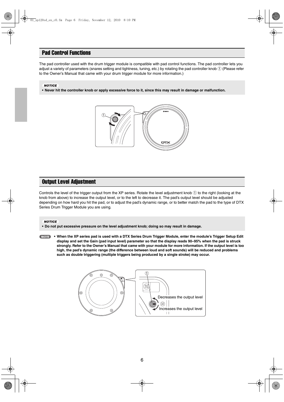 Pad control functions, Output level adjustment | Yamaha DTX XP120SD User Manual | Page 6 / 9