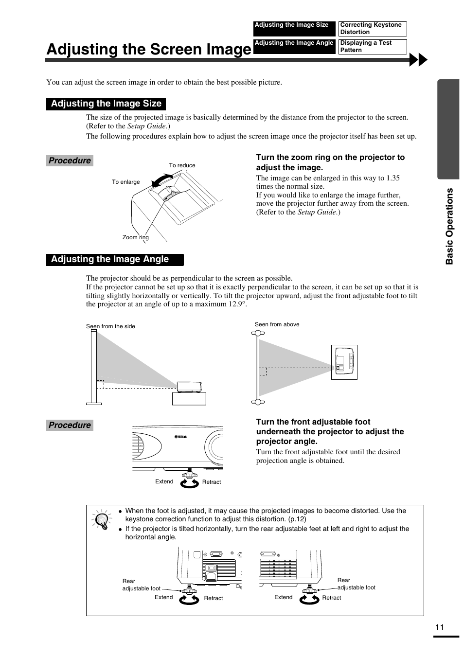 Adjusting the screen image, Adjusting the image size, Adjusting the image angle | Adjusting the image size adjusting the image angle, Basic operations | Yamaha LPX-500 User Manual | Page 16 / 80