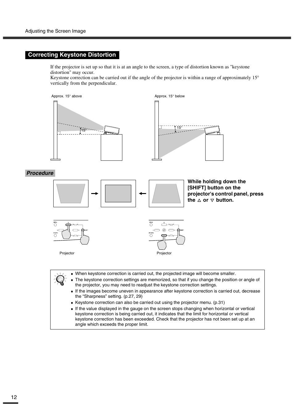 Correcting keystone distortion, Procedure | Yamaha LPX-500 User Manual | Page 17 / 80