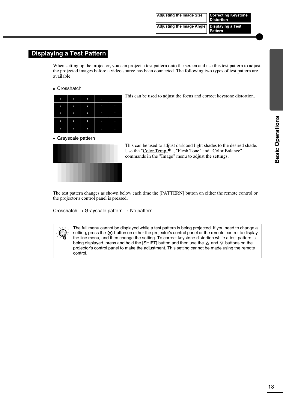 Displaying a test pattern, Basic operations | Yamaha LPX-500 User Manual | Page 18 / 80