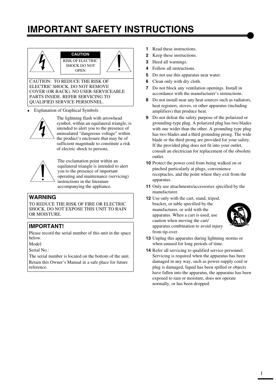 Important safety instructions, Warning, Important | Yamaha LPX-500 User Manual | Page 2 / 80