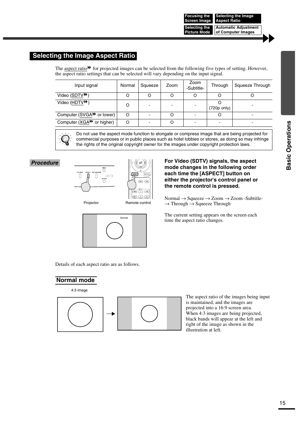 Selecting the image aspect ratio, Normal mode, Basic operations | Yamaha LPX-500 User Manual | Page 20 / 80