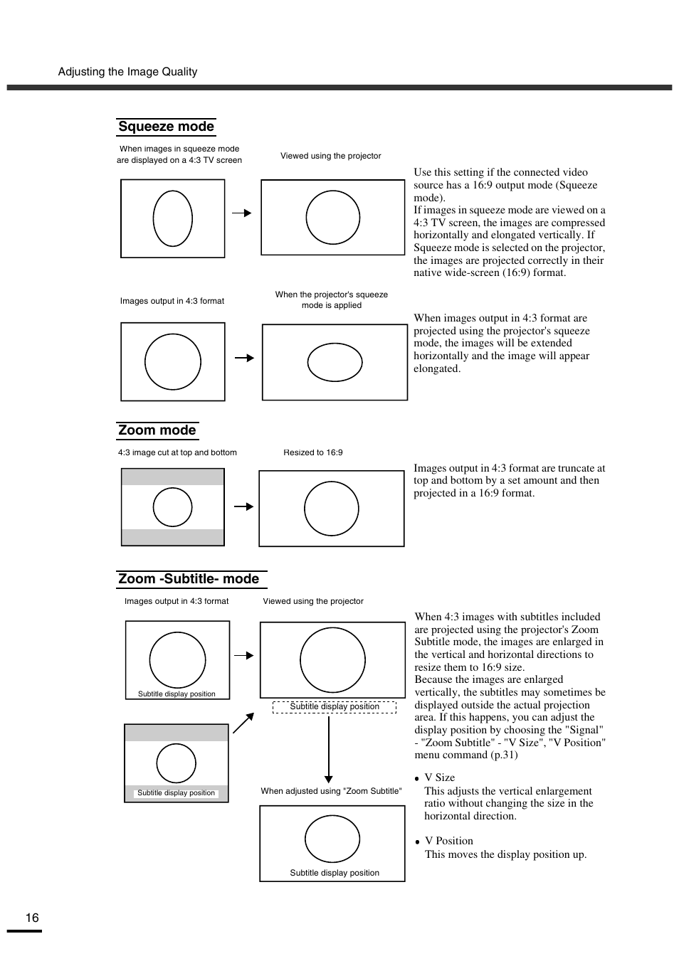 Squeeze mode, Zoom mode, Zoom -subtitle- mode | Squeeze mode zoom mode zoom -subtitle- mode | Yamaha LPX-500 User Manual | Page 21 / 80