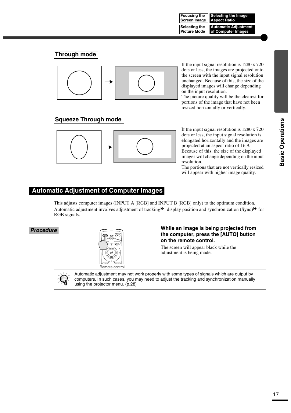 Through mode, Squeeze through mode, Automatic adjustment of computer images | Basic operations, Through mode squeeze through mode | Yamaha LPX-500 User Manual | Page 22 / 80