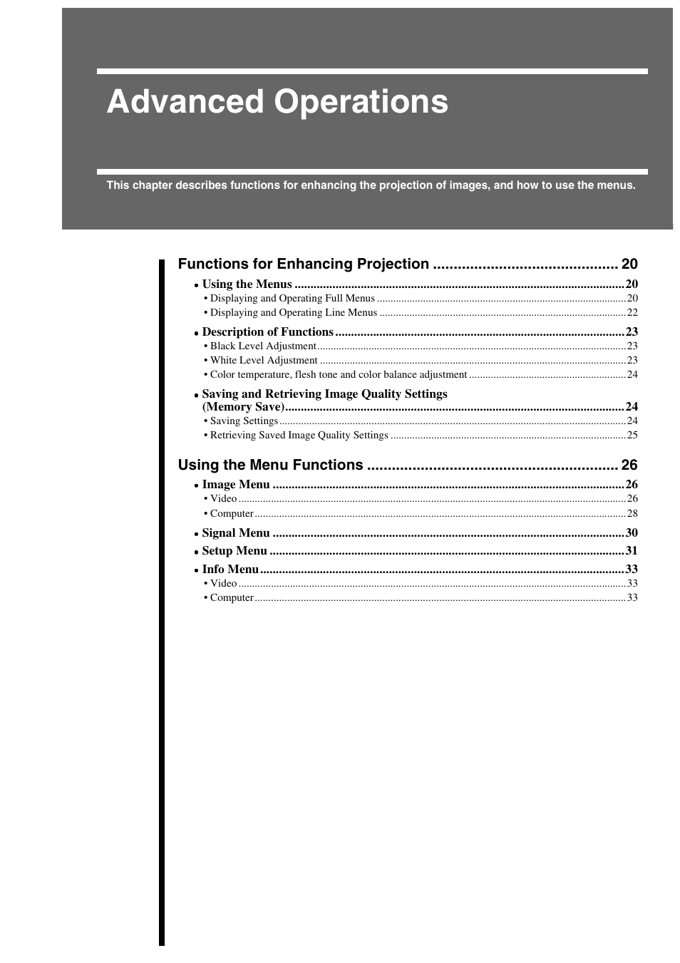 Advanced operations, Functions for enhancing projection, Using the menu functions | Yamaha LPX-500 User Manual | Page 23 / 80