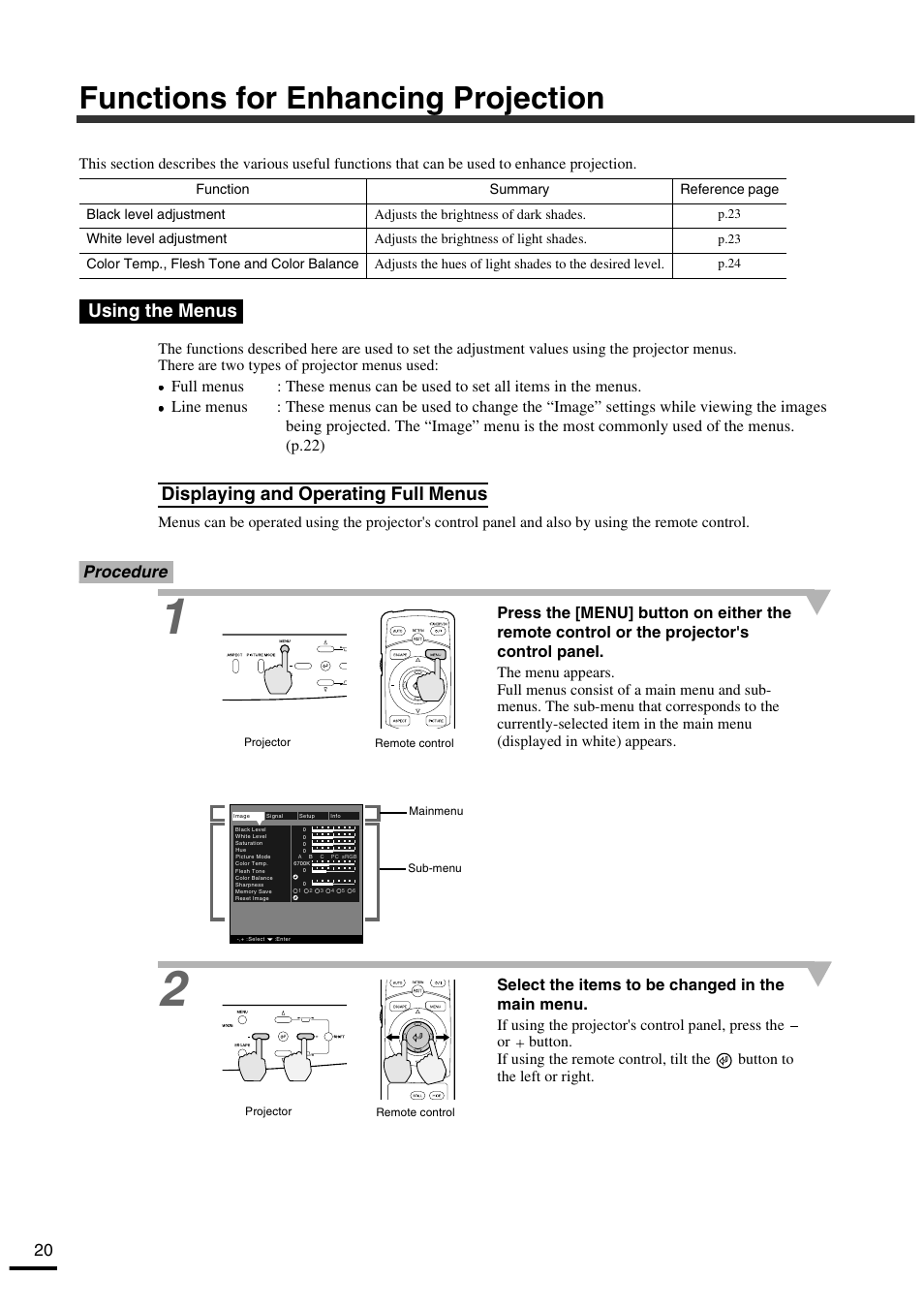 Functions for enhancing projection, Using the menus, Displaying and operating full menus | Procedure, Select the items to be changed in the main menu | Yamaha LPX-500 User Manual | Page 24 / 80