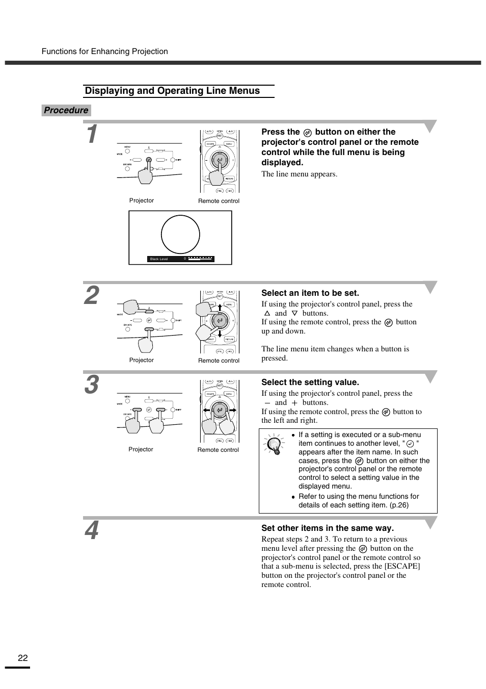 Displaying and operating line menus, P.22 | Yamaha LPX-500 User Manual | Page 26 / 80