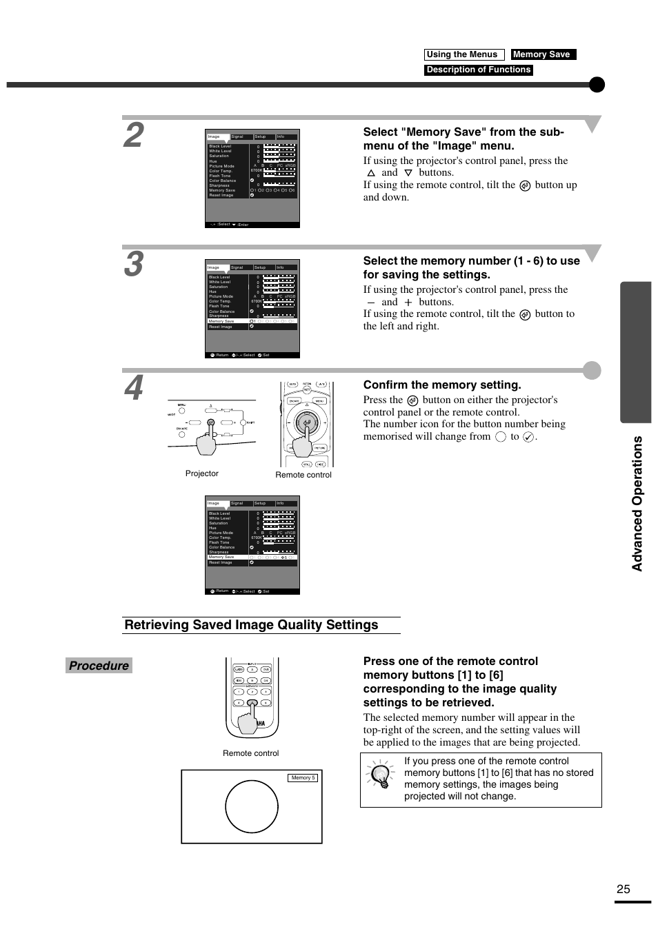 Retrieving saved image quality settings, Ad v anced operations, Procedure | Yamaha LPX-500 User Manual | Page 29 / 80
