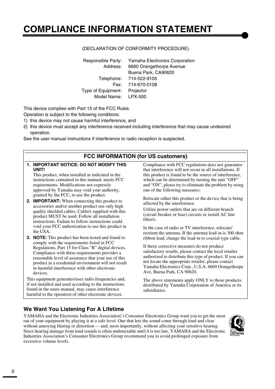 Compliance information statement, We want you listening for a lifetime | Yamaha LPX-500 User Manual | Page 3 / 80