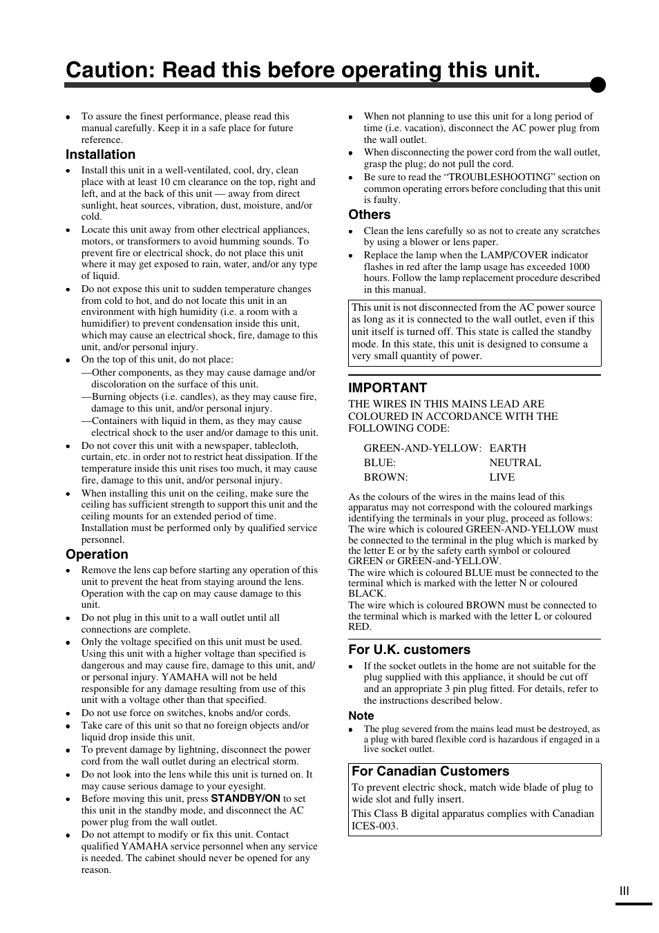 Caution: read this before operating this unit, Installation, Operation | Others, For u.k. customers, Important, For canadian customers | Yamaha LPX-500 User Manual | Page 4 / 80