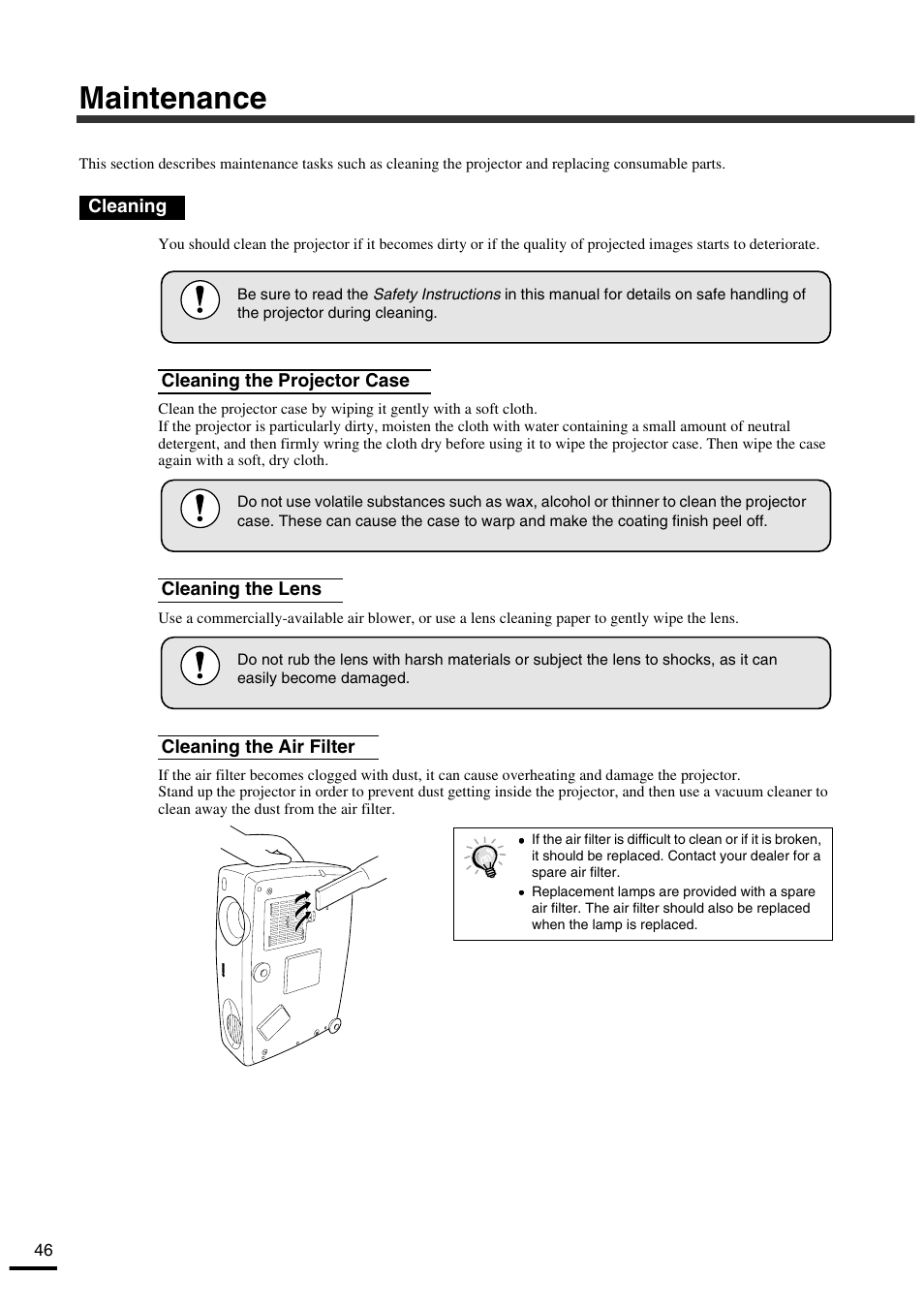 Maintenance, Cleaning, Cleaning the projector case | Cleaning the lens, Cleaning the air filter, P.46, P.46) | Yamaha LPX-500 User Manual | Page 49 / 80