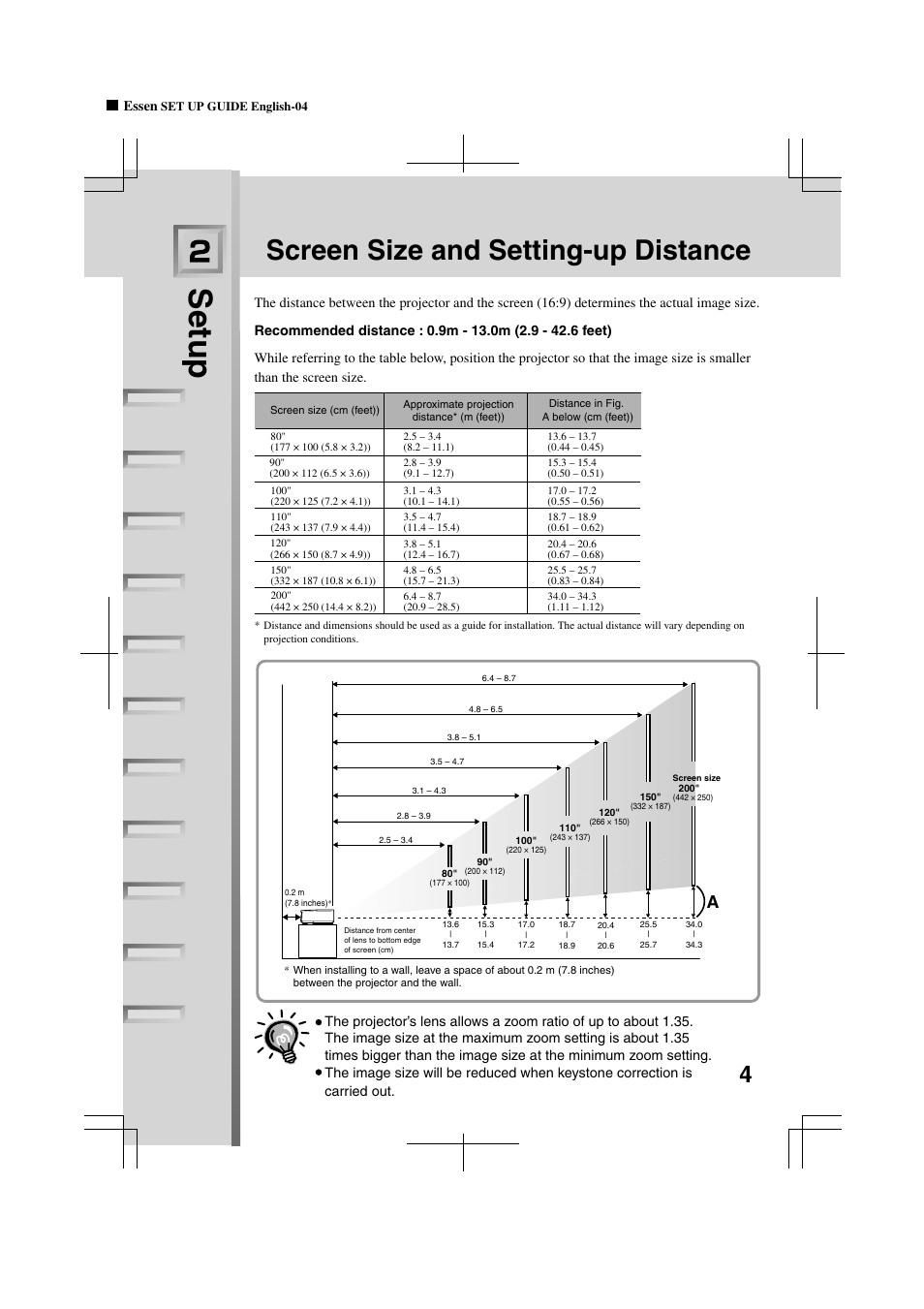 Setup, Screen size and setting-up distance | Yamaha LPX-500 User Manual | Page 73 / 80