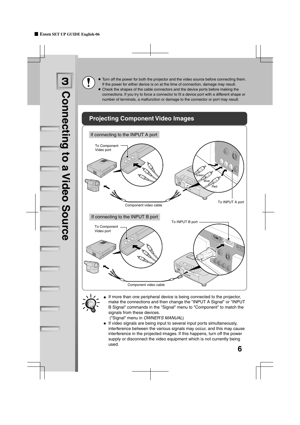 Connecting to a video source, Projecting component video images, If connecting to the input a port | If connecting to the input b port, Connecting to a video sour ce | Yamaha LPX-500 User Manual | Page 75 / 80