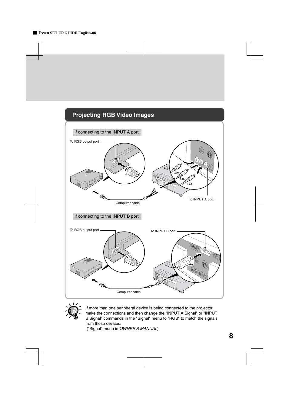 Projecting rgb video images, If connecting to the input a port, If connecting to the input b port | Yamaha LPX-500 User Manual | Page 77 / 80