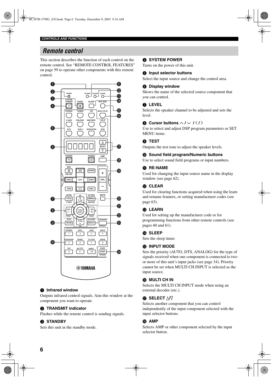 Remote control | Yamaha HTR-5790 User Manual | Page 10 / 90