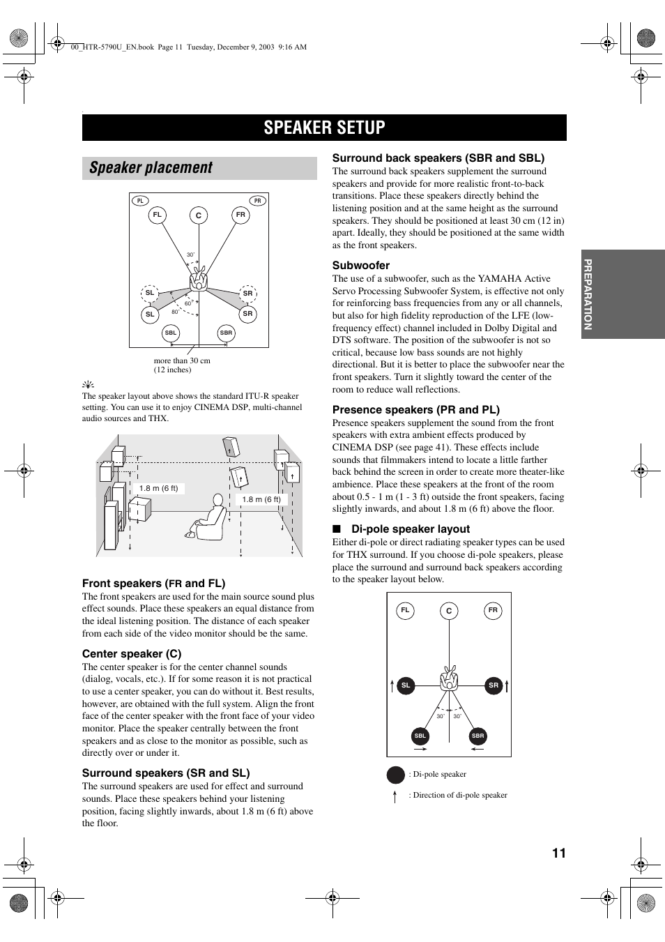 Preparation, Speaker setup, Speaker placement | Yamaha HTR-5790 User Manual | Page 15 / 90