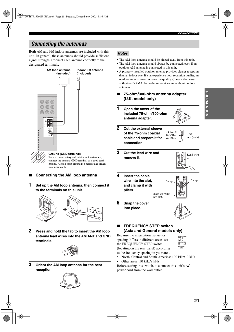 Connecting the antennas, Connecting the am loop antenna, Ohm/300-ohm antenna adapter (u.k. model only) | Yamaha HTR-5790 User Manual | Page 25 / 90