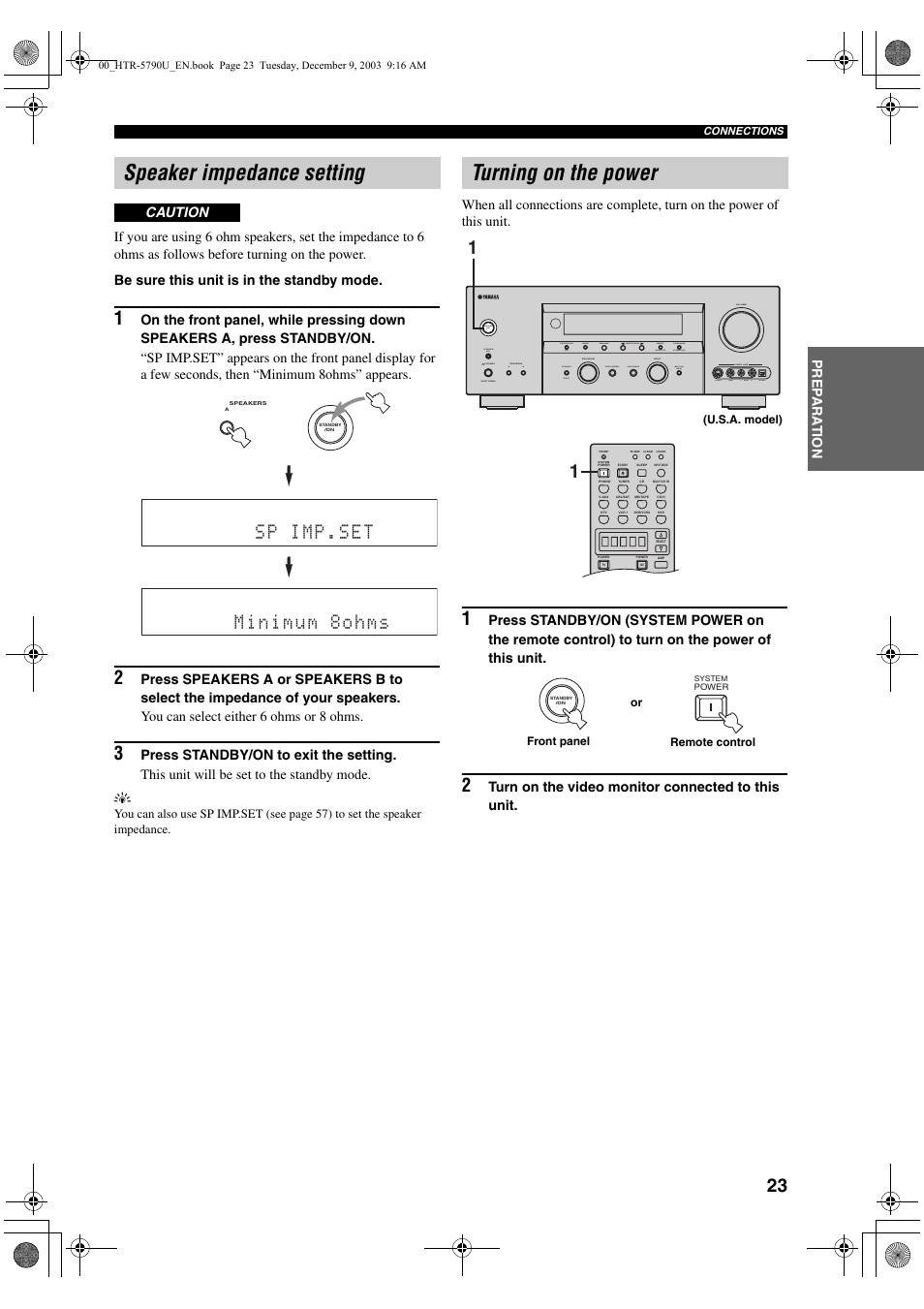 Speaker impedance setting, Turning on the power | Yamaha HTR-5790 User Manual | Page 27 / 90