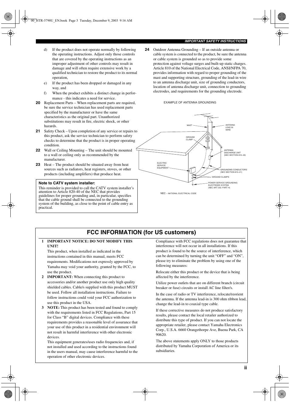 Fcc information (for us customers) | Yamaha HTR-5790 User Manual | Page 3 / 90