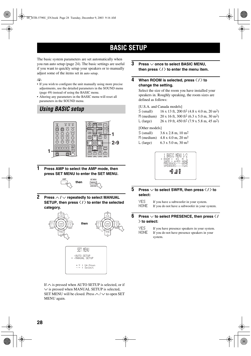 Basic setup, Using basic setup, Set menu | 1 basic menu 1/2, None | Yamaha HTR-5790 User Manual | Page 32 / 90