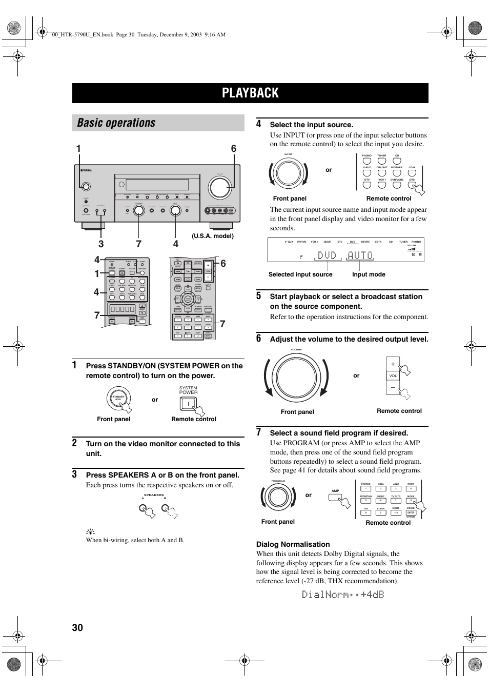 Basic operation, Playback, Basic operations | Dialnorm;;+4db, Turn on the video monitor connected to this unit, Adjust the volume to the desired output level, Preset/tuning edit, When bi-wiring, select both a and b, U.s.a. model), Front panel remote control or | Yamaha HTR-5790 User Manual | Page 34 / 90