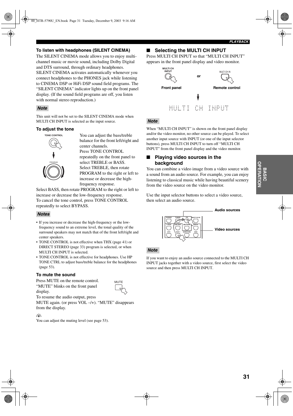 Selecting the multi ch input, Playing video sources in the background | Yamaha HTR-5790 User Manual | Page 35 / 90