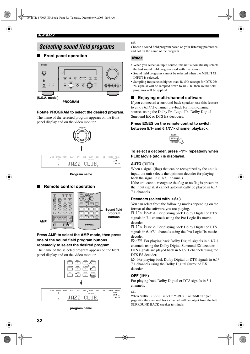 Selecting sound field programs, Front panel operation, Remote control operation | Enjoying multi-channel software, Preset/tuning edit, Program (u.s.a. model), Program name, Sound field program buttons amp, Playback | Yamaha HTR-5790 User Manual | Page 36 / 90