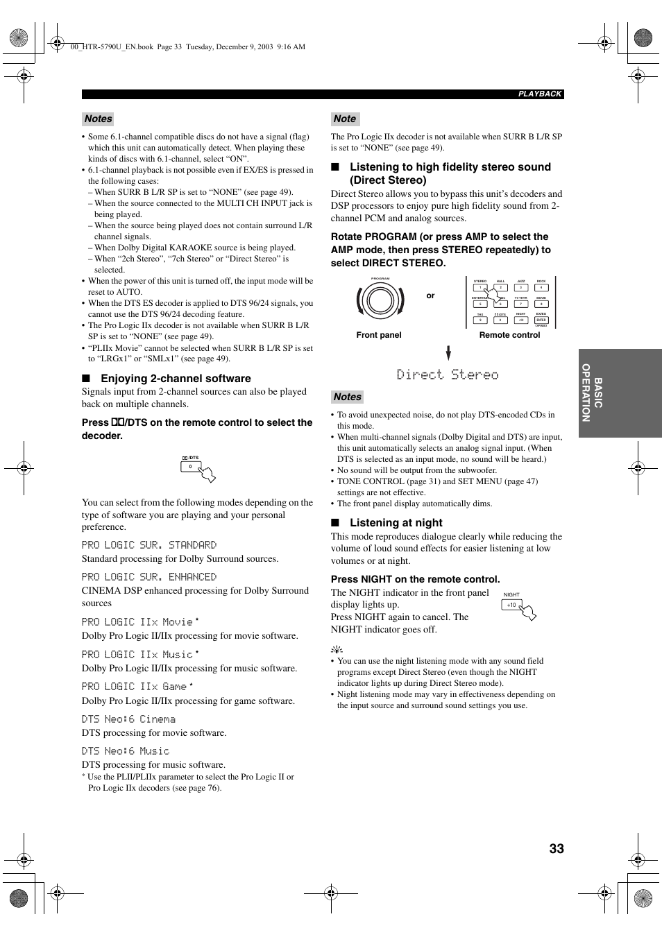 Direct stereo, Enjoying 2-channel software, Listening at night | Yamaha HTR-5790 User Manual | Page 37 / 90