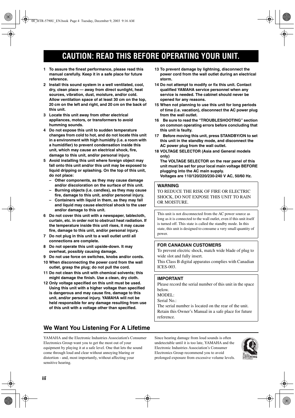 Caution: read this before operating your unit, We want you listening for a lifetime | Yamaha HTR-5790 User Manual | Page 4 / 90