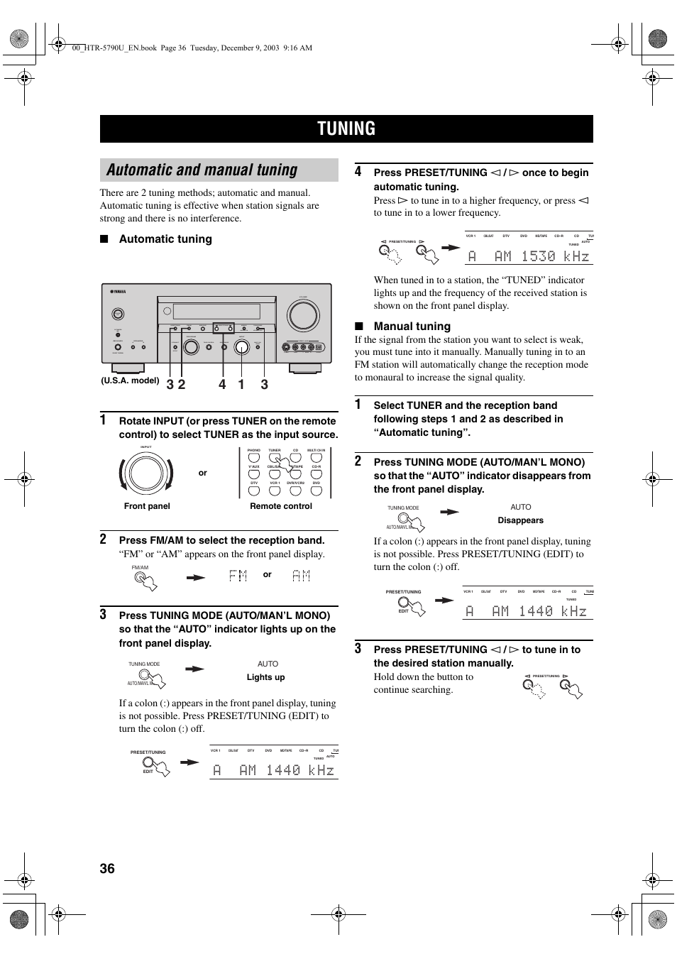 Tuning, Automatic and manual tuning, A~~ am ~ 1440 khz | A~~ am ~ 1530 khz | Yamaha HTR-5790 User Manual | Page 40 / 90