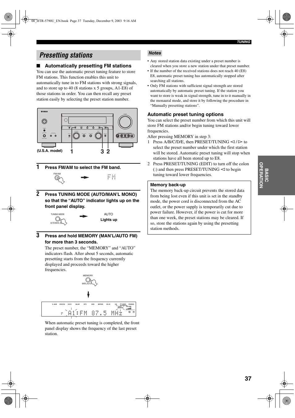 Presetting stations, A 1 : f m 8 7 . 5 m h z | Yamaha HTR-5790 User Manual | Page 41 / 90