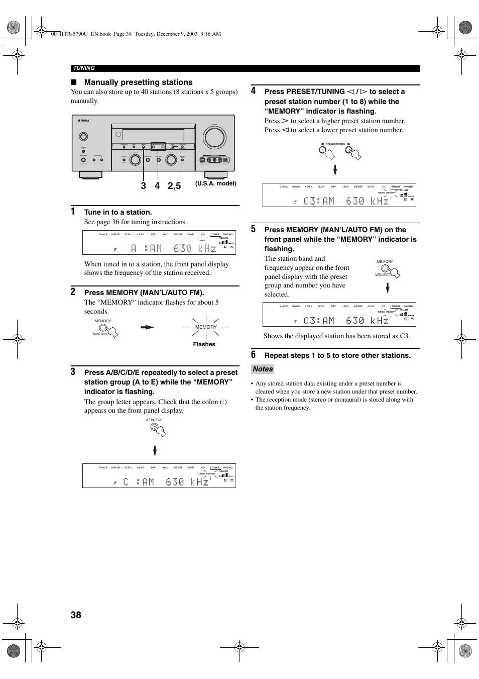 A : a m 6 3 0 k h z, C : a m 6 3 0 k h z, C 3 : a m 6 3 0 k h z | Manually presetting stations, Repeat steps 1 to 5 to store other stations, Preset/tuning edit, Shows the displayed station has been stored as c3 | Yamaha HTR-5790 User Manual | Page 42 / 90