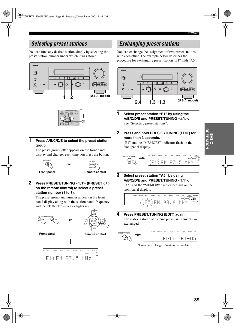 Selecting preset stations, Exchanging preset stations, E1:fm 87.5 mhz | E 1 : f m 8 7 . 5 m h z, A 5 : f m 9 0 . 6 m h z, Preset/tuning edit | Yamaha HTR-5790 User Manual | Page 43 / 90