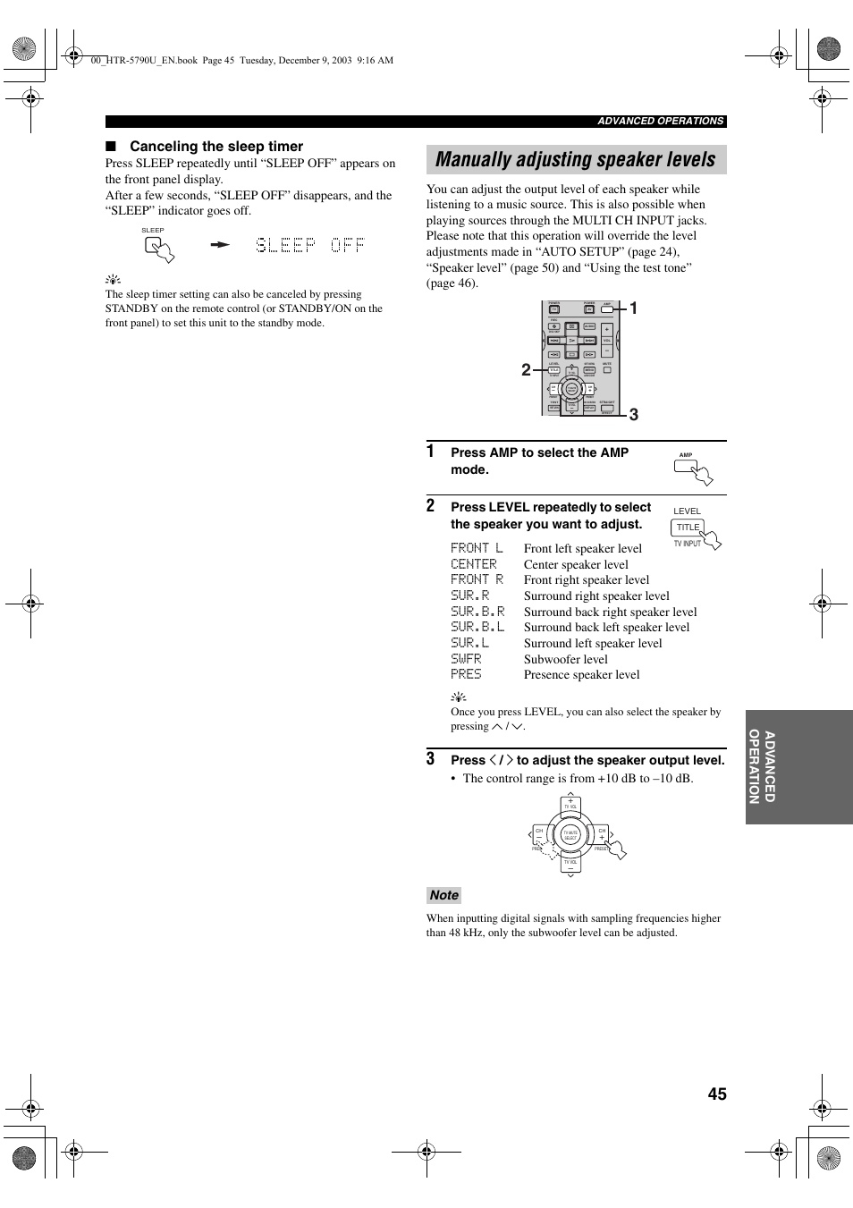 Manually adjusting speaker levels, Canceling the sleep timer, Ad v anced opera t ion | Press amp to select the amp mode | Yamaha HTR-5790 User Manual | Page 49 / 90